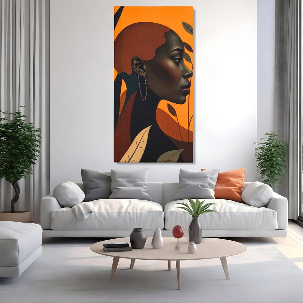 Tablou canvas cu ilustratie digitala cu profil de femeie, fara rama, pe sasiu de lemn, pe perete intr-un living